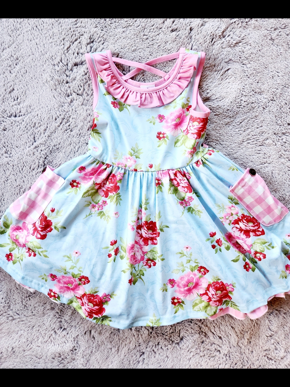Girls Pink & Blue Floral Ruffle Neck Dress